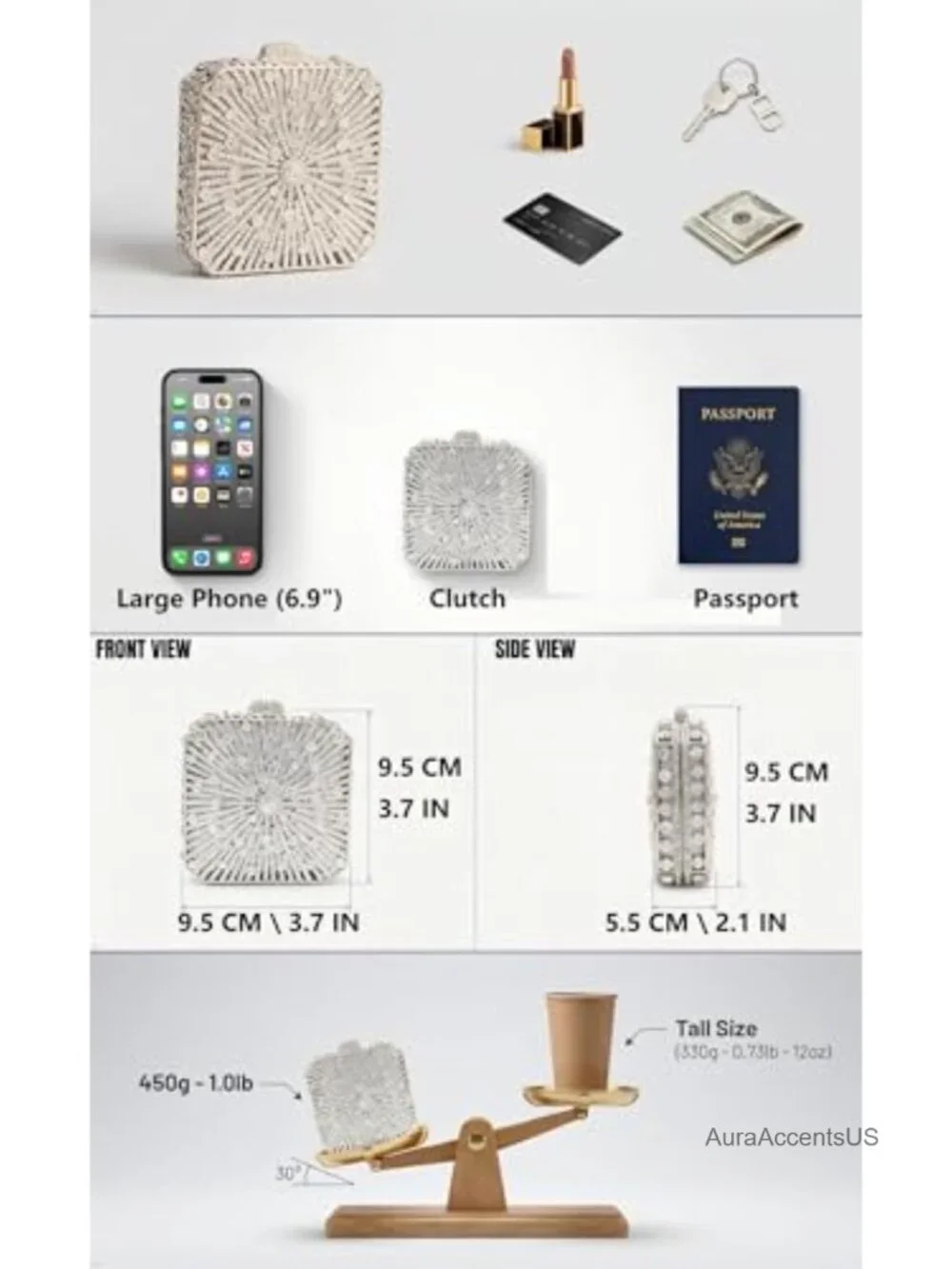 Mini Square Rhinestone Clutch Purse with Detachable Chains, Heavy Crystal